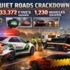 Dubai Police Quiet Roads crackdown 2026 showing fines issued and vehicles seized on Dubai highway with patrol car lights