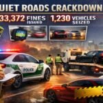 Dubai Police Quiet Roads crackdown 2026 showing fines issued and vehicles seized on Dubai highway with patrol car lights