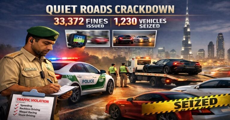 Dubai Police Quiet Roads crackdown 2026 showing fines issued and vehicles seized on Dubai highway with patrol car lights