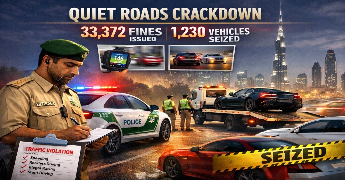 Dubai Police Quiet Roads crackdown 2026 showing fines issued and vehicles seized on Dubai highway with patrol car lights