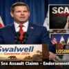 Eric Swalwell speaking at a California governor campaign podium in 2026 with visuals highlighting poll surge, policy debate, allegations controversy, and endorsement losses