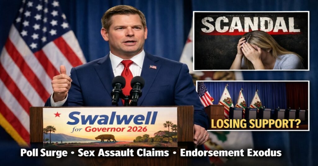 Eric Swalwell speaking at a California governor campaign podium in 2026 with visuals highlighting poll surge, policy debate, allegations controversy, and endorsement losses