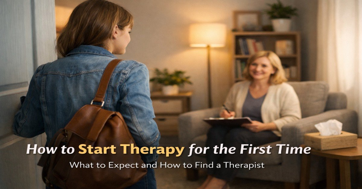 Person starting therapy session for the first time with a professional therapist in a comfortable office