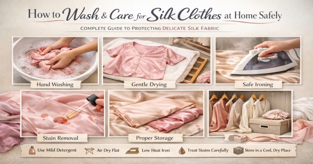 Step-by-step silk clothes care guide showing hand washing, gentle drying, safe ironing, stain removal, and proper storage at home without damaging delicate silk fabric.