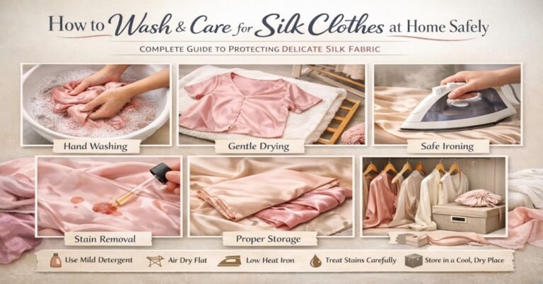 Step-by-step silk clothes care guide showing hand washing, gentle drying, safe ironing, stain removal, and proper storage at home without damaging delicate silk fabric.