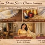Kota Doria saree characteristics with traditional handloom weaving, lightweight checkered fabric details, zari work, and festive to everyday styling tips in landscape featured image.