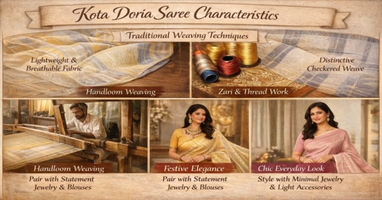 Kota Doria saree characteristics with traditional handloom weaving, lightweight checkered fabric details, zari work, and festive to everyday styling tips in landscape featured image.