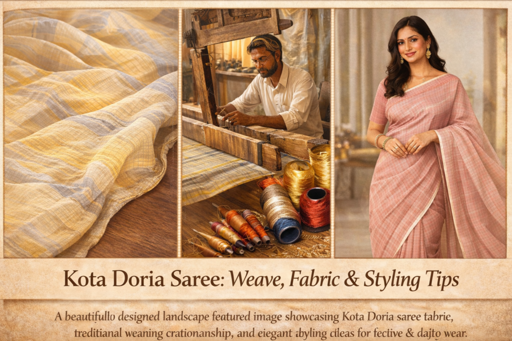 Luxury Kota Doria saree featured image showing signature khat weave fabric, traditional handloom weaving process, and elegant pink saree styling in landscape format.