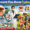 Landscape featured image showing flea-borne typhus prevention tips, flea close-up, symptoms, treatment, doctor advice, pet safety, and family protection outdoors