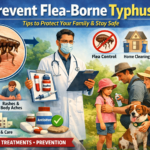 Landscape featured image showing flea-borne typhus prevention tips, flea close-up, symptoms, treatment, doctor advice, pet safety, and family protection outdoors