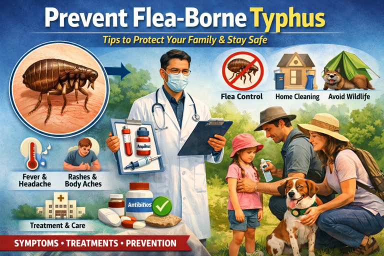 Landscape featured image showing flea-borne typhus prevention tips, flea close-up, symptoms, treatment, doctor advice, pet safety, and family protection outdoors
