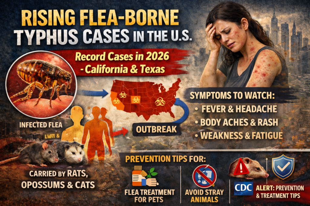 Rising flea-borne typhus cases in the US 2026 showing outbreak map symptoms and prevention tips infographic