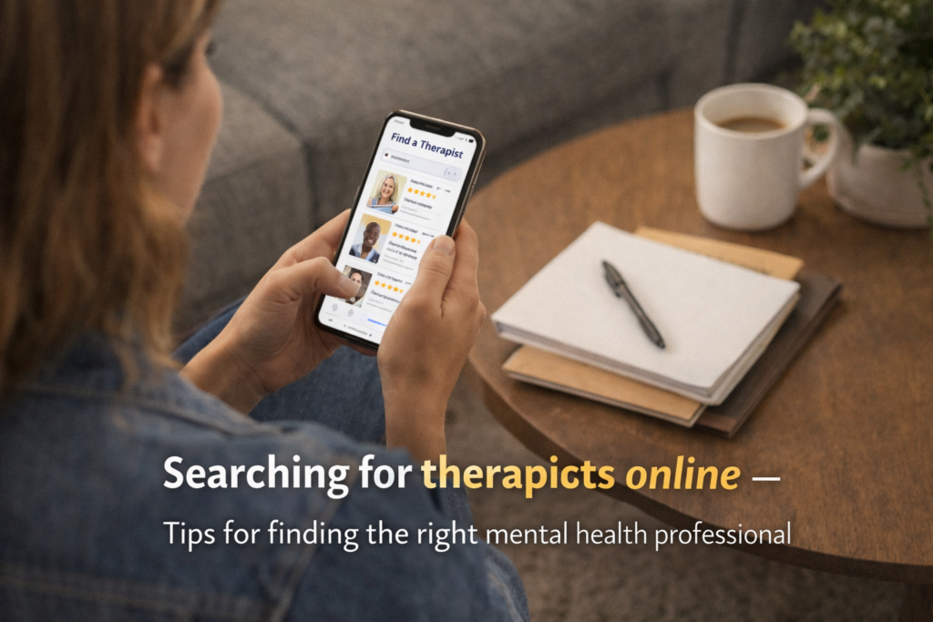Person searching for therapists online using smartphone to find mental health professional