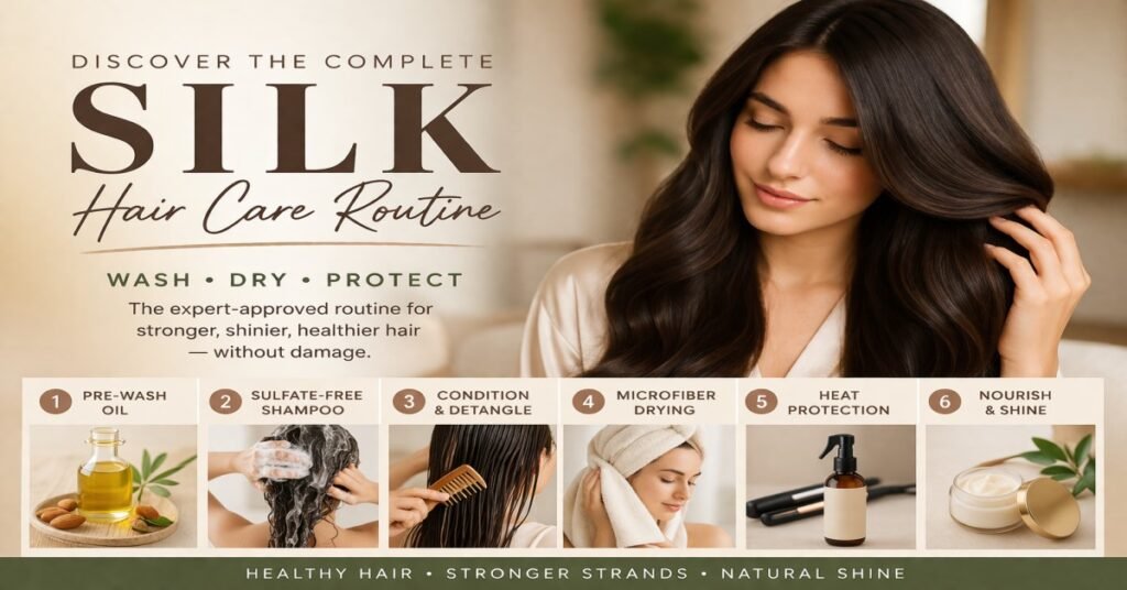 Silk hair care routine showing how to wash, dry and protect hair using oil, sulfate-free shampoo, microfiber towel and heat protection