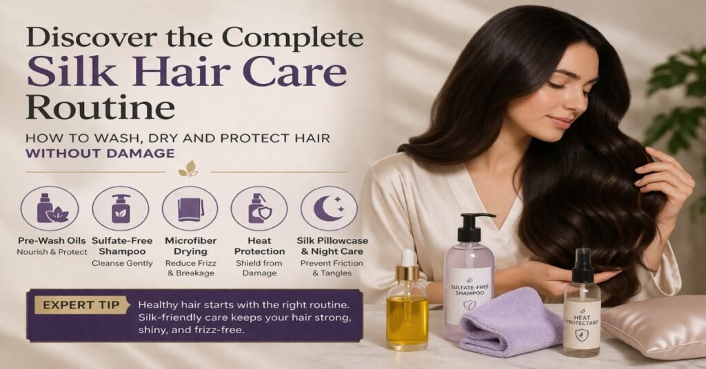 Silk hair care routine showing how to wash, dry and protect hair using oil, sulfate-free shampoo, microfiber towel and heat protection