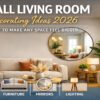 Small living room decorating ideas 2026 with modern furniture, mirror placement, and lighting to make small spaces look bigger
