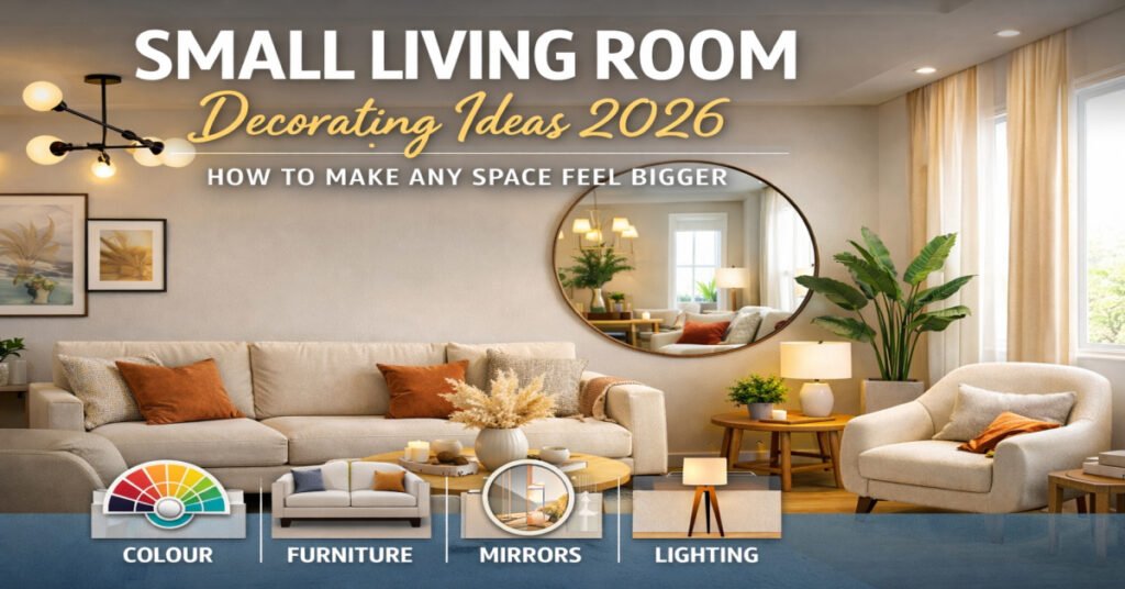 Small living room decorating ideas 2026 with modern furniture, mirror placement, and lighting to make small spaces look bigger