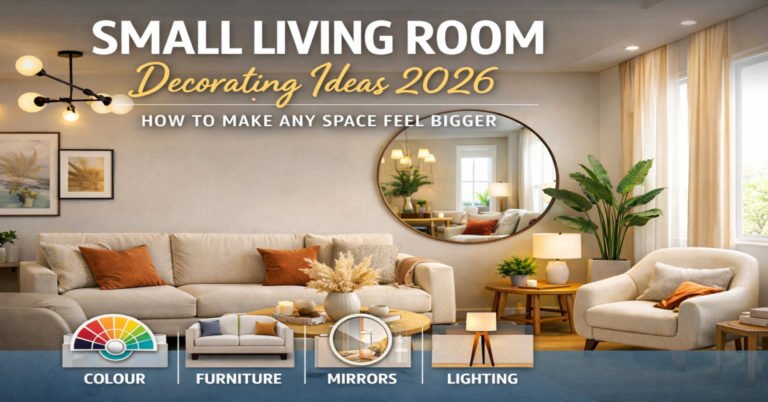 Small living room decorating ideas 2026 with modern furniture, mirror placement, and lighting to make small spaces look bigger