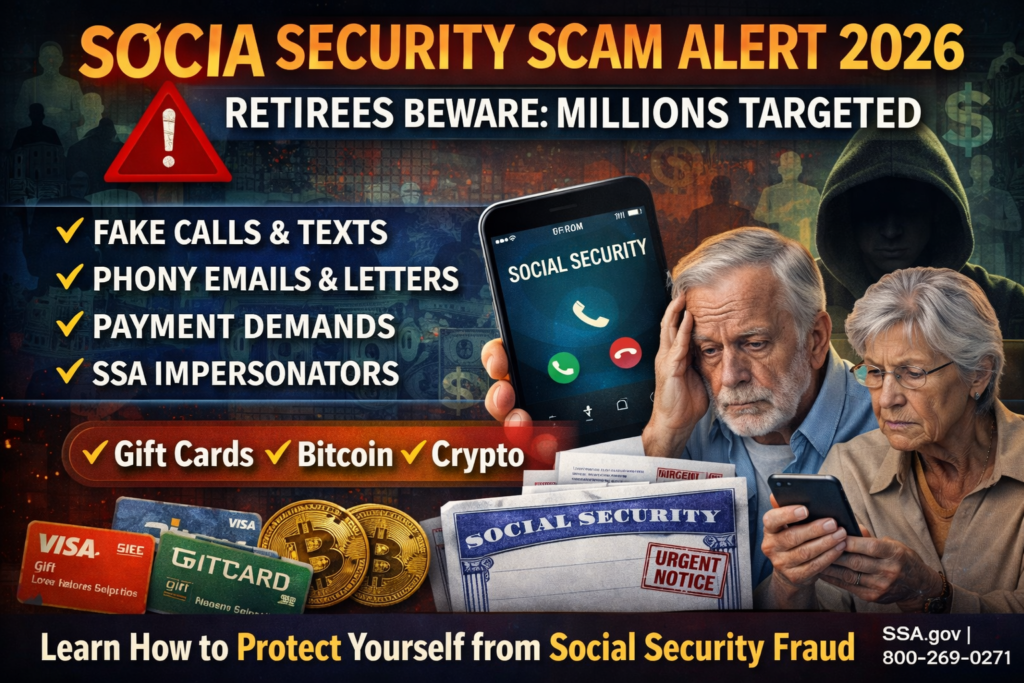 Social Security scam alert 2026 showing SSA impersonators targeting retirees through fake calls emails and fraud schemes
