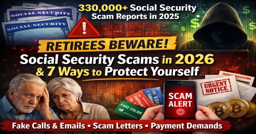 Social Security scam warning 2026 showing retirees targeted by fraud calls emails and fake notices with 330000 complaints reported