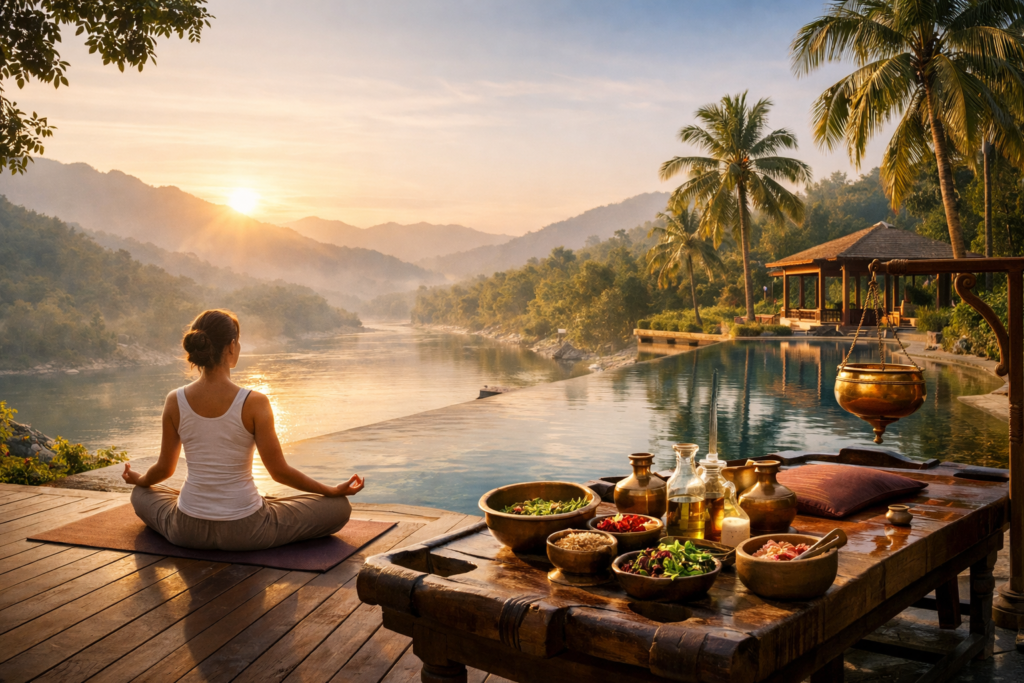 Peaceful yoga and wellness retreat in India with Himalayan sunrise, meditation deck, Ayurvedic spa, and infinity pool