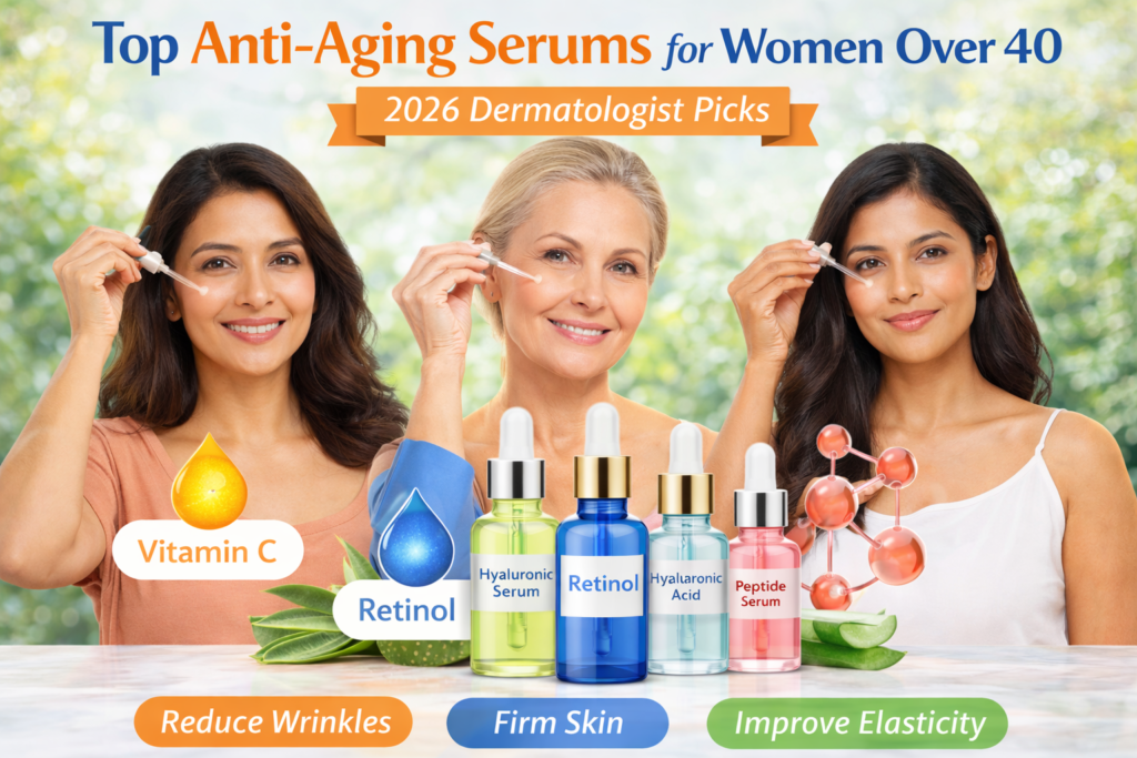 Top anti aging serums for women over 40 in 2026 including vitamin C retinol hyaluronic acid for wrinkles and firm skin