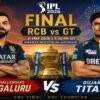 Royal Challengers Bengaluru vs Gujarat Titans IPL 2026 Final match poster featuring Virat Kohli and Shubman Gill with the IPL trophy at Narendra Modi Stadium.
