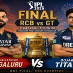 Royal Challengers Bengaluru vs Gujarat Titans IPL 2026 Final match poster featuring Virat Kohli and Shubman Gill with the IPL trophy at Narendra Modi Stadium.