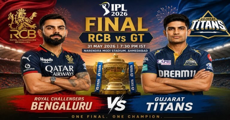 Royal Challengers Bengaluru vs Gujarat Titans IPL 2026 Final match poster featuring Virat Kohli and Shubman Gill with the IPL trophy at Narendra Modi Stadium.