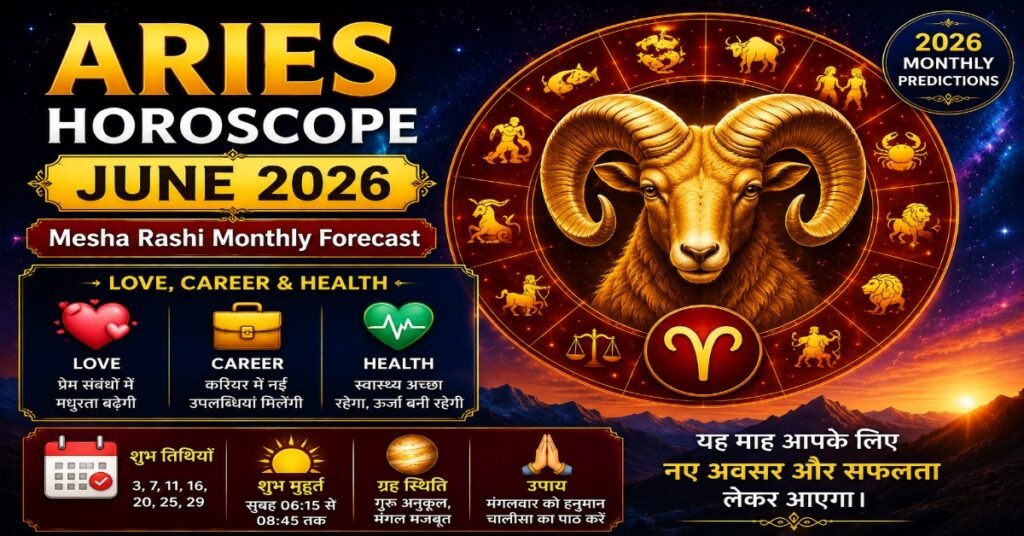Aries Horoscope June 2026 featuring Mesha Rashi monthly predictions for love, career, health, finance and astrology forecast