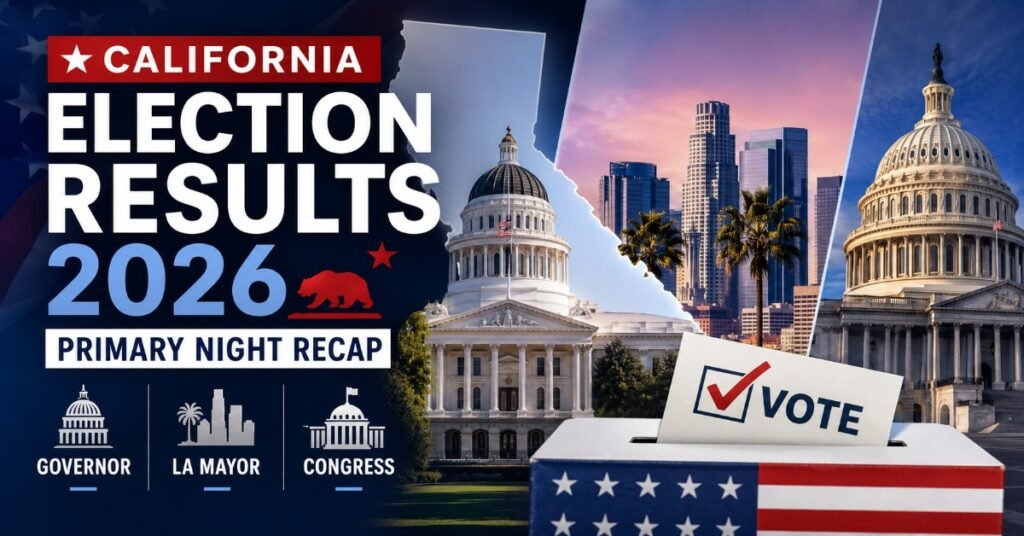 California Election Results 2026 Primary Night Recap featuring Governor race, Los Angeles Mayor election, Congress contests, California State Capitol, Los Angeles skyline, and voting ballot box.