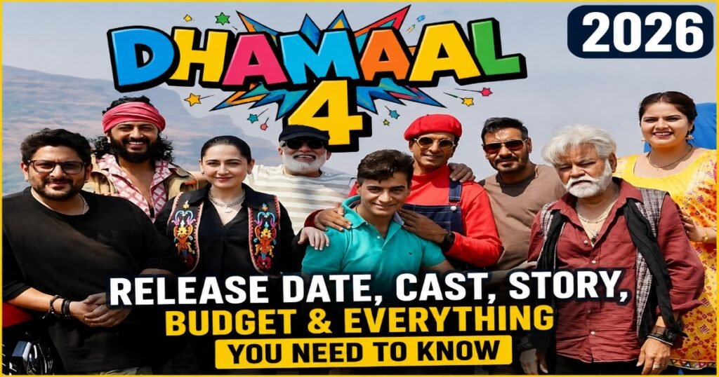 Dhamaal 4 (2026) cast group photo featuring lead actors with release date, cast, story, budget and movie details.