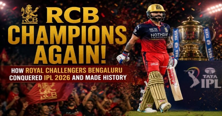 Royal Challengers Bengaluru celebrating IPL 2026 championship victory with star batter and IPL trophy in a historic title-winning campaign.