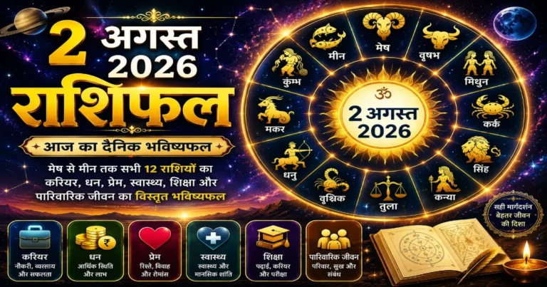 2 अगस्त 2026 राशिफल में मेष से मीन तक सभी 12 राशियों के करियर, धन, प्रेम, स्वास्थ्य, शिक्षा और पारिवारिक जीवन का विस्तृत दैनिक भविष्यफल।