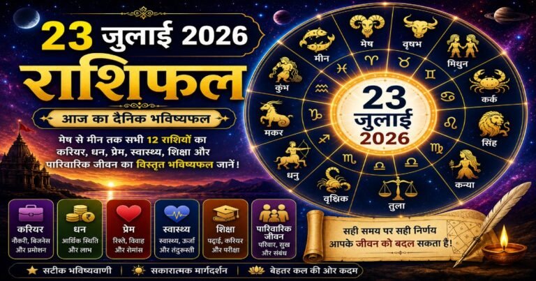 23 जुलाई 2026 राशिफल में मेष से मीन तक सभी 12 राशियों के करियर, धन, प्रेम, स्वास्थ्य, शिक्षा और पारिवारिक जीवन का दैनिक भविष्यफल।