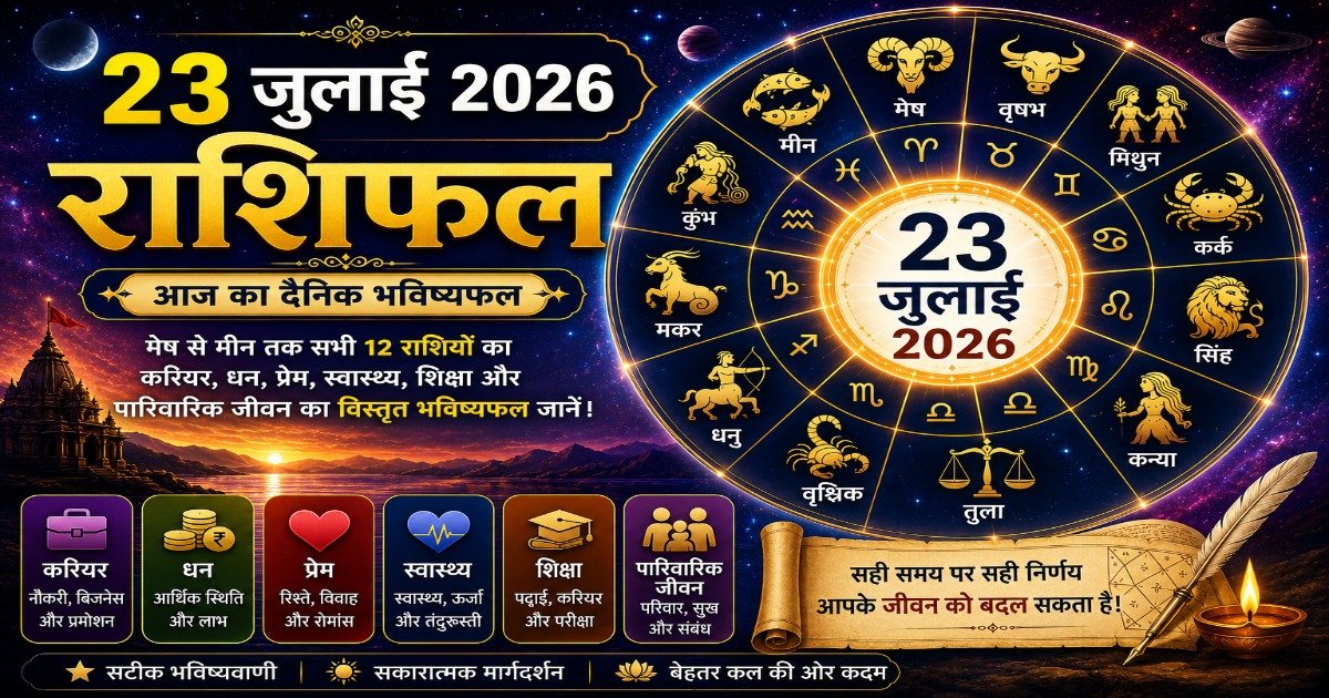 23 जुलाई 2026 राशिफल में मेष से मीन तक सभी 12 राशियों के करियर, धन, प्रेम, स्वास्थ्य, शिक्षा और पारिवारिक जीवन का दैनिक भविष्यफल।