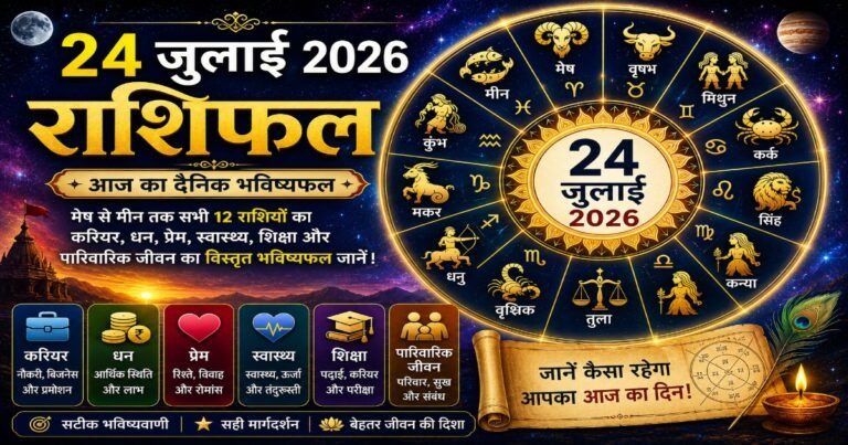 24 जुलाई 2026 राशिफल में मेष से मीन तक सभी 12 राशियों के करियर, धन, प्रेम, स्वास्थ्य, शिक्षा और पारिवारिक जीवन का दैनिक भविष्यफल।