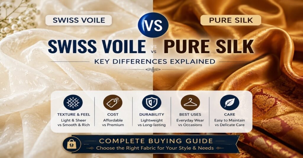 Swiss Voile vs Pure Silk fabric comparison showing texture, durability, cost, and best uses.