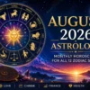 August 2026 Astrology Monthly Horoscope for All 12 Zodiac Signs with Zodiac Wheel and Cosmic Background