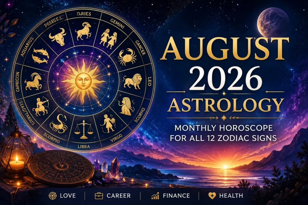 August 2026 Astrology Monthly Horoscope for All 12 Zodiac Signs with Zodiac Wheel and Cosmic Background