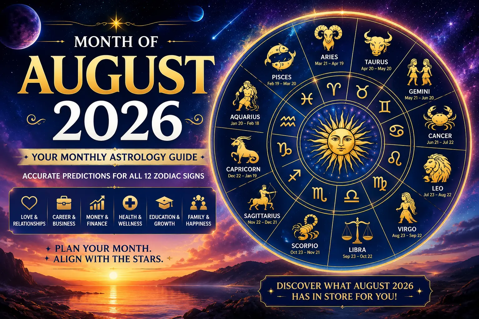 August 2026 monthly horoscope featuring all 12 zodiac signs with astrology predictions for love, career, money, health, relationships, education, and personal growth.