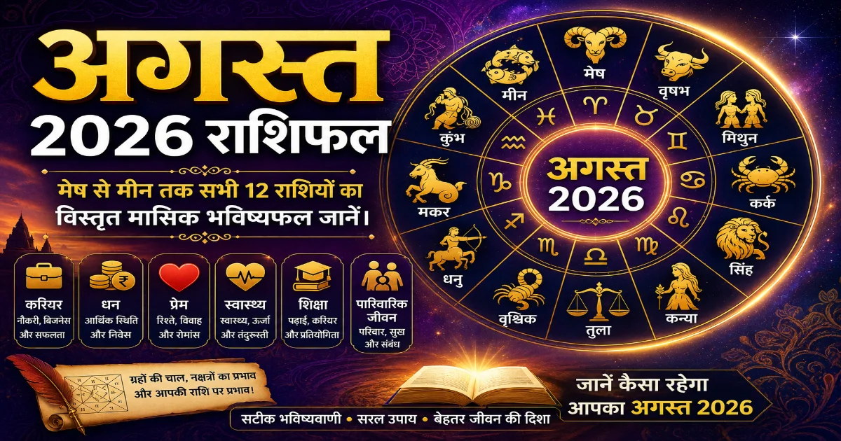 अगस्त 2026 राशिफल में मेष से मीन तक सभी 12 राशियों के करियर, धन, प्रेम, स्वास्थ्य, शिक्षा और पारिवारिक जीवन का विस्तृत मासिक भविष्यफल।