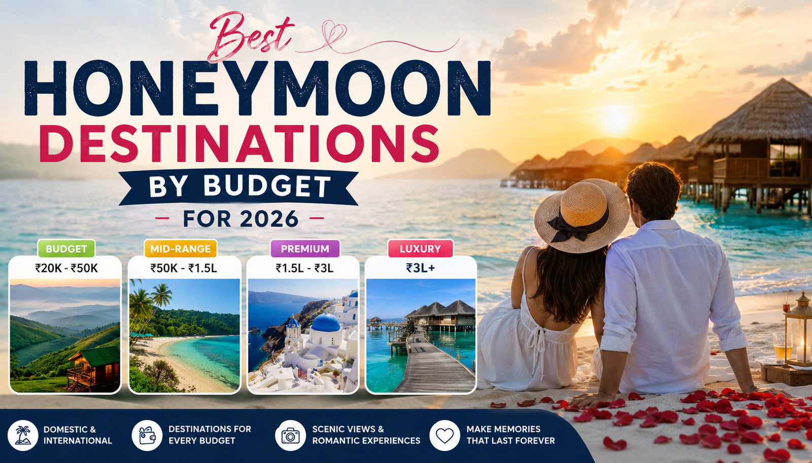 Best honeymoon destinations by budget for 2026 featuring romantic travel options from budget-friendly India to luxury Maldives and Amalfi Coast.