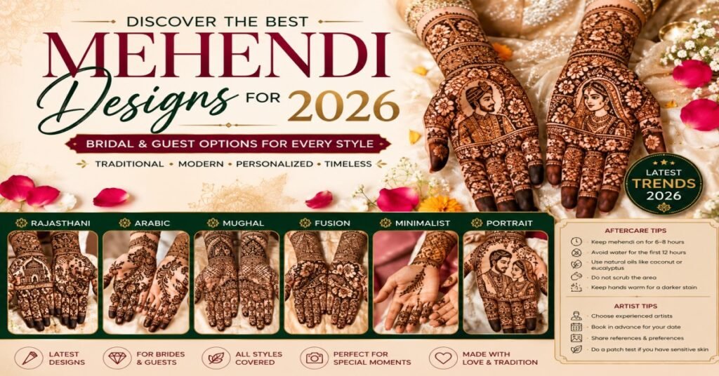 Elegant bridal hands featuring intricate Rajasthani, Arabic, Mughal, fusion, minimalist, and personalized portrait mehendi designs, showcasing the latest 2026 wedding henna trends.