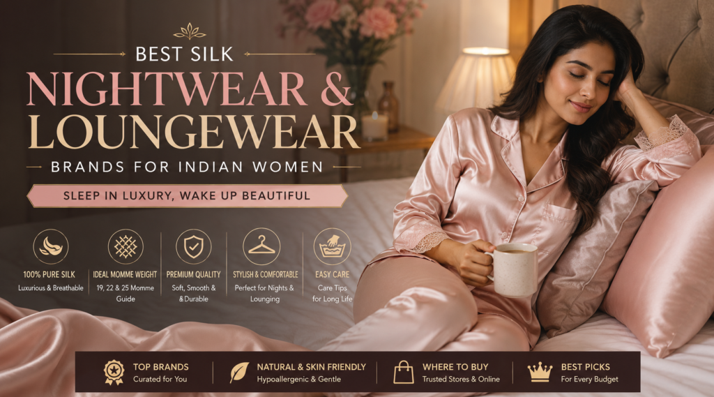 Luxury pure silk nightwear and loungewear for Indian women featuring premium silk pajamas, robes, and comfortable sleepwear.