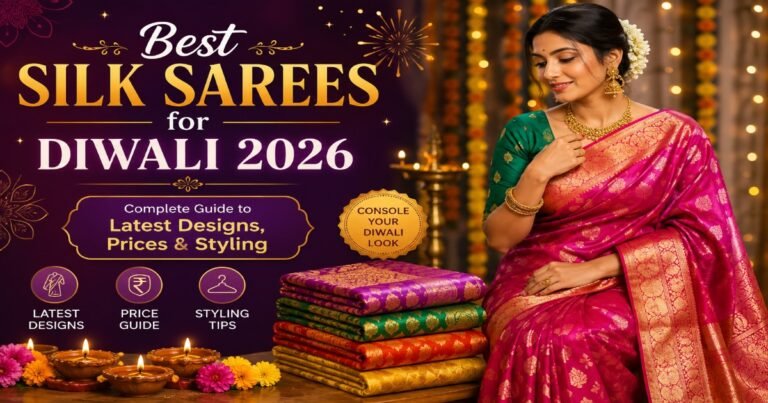 Elegant Indian woman wearing a luxurious silk saree during Diwali 2026 celebration with diyas and festive lights.