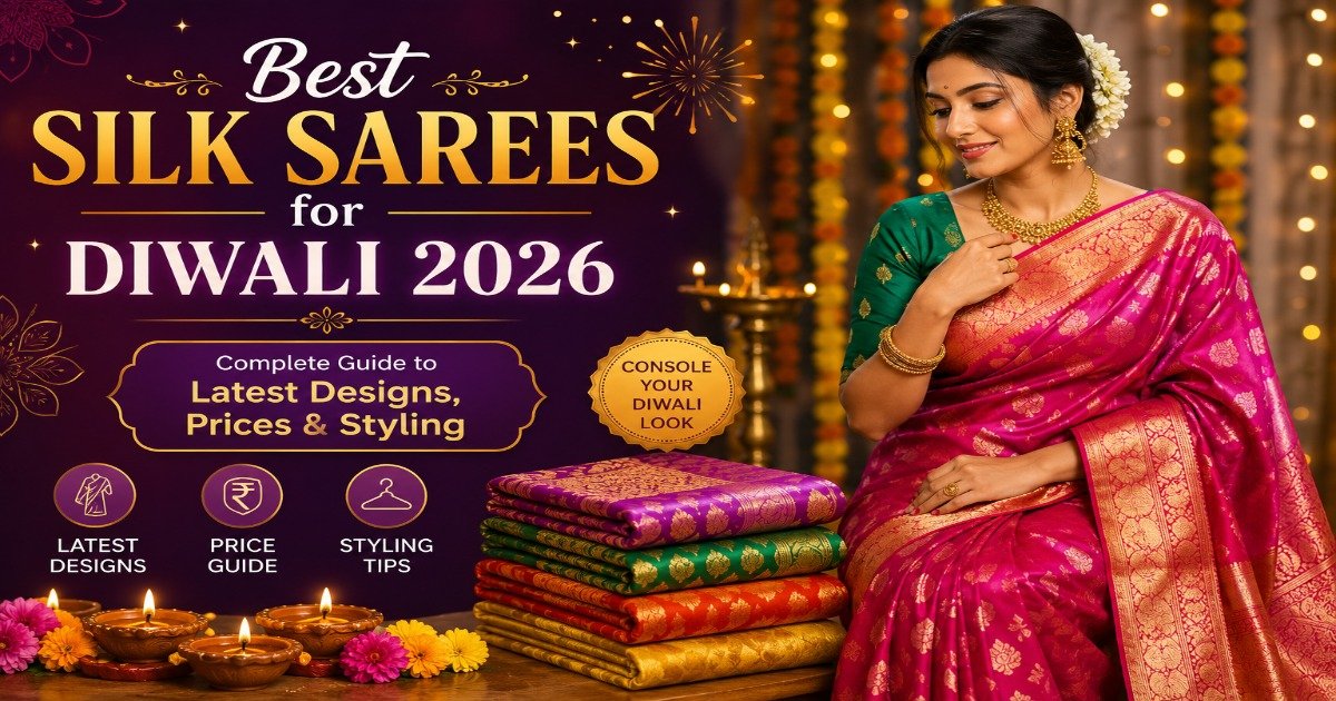 Elegant Indian woman wearing a luxurious silk saree during Diwali 2026 celebration with diyas and festive lights.