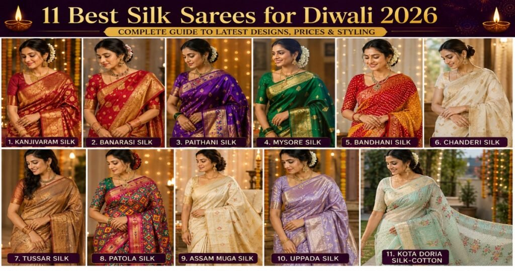 Best Silk Sarees for Diwali 2026 collage featuring Kanjivaram, Banarasi, Paithani, Mysore, Bandhani, Chanderi, Tussar, Patola, Assam Muga, Uppada and Kota Doria silk sarees.