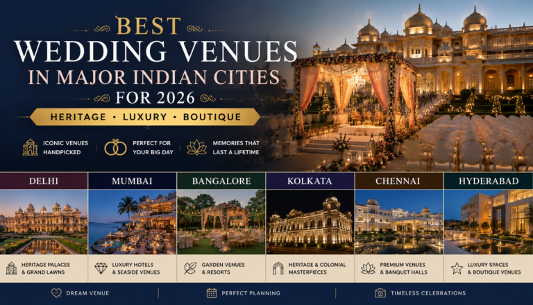 Luxury wedding venues in Delhi, Mumbai, Bangalore, Kolkata, Chennai, and Hyderabad for Indian weddings in 2026.