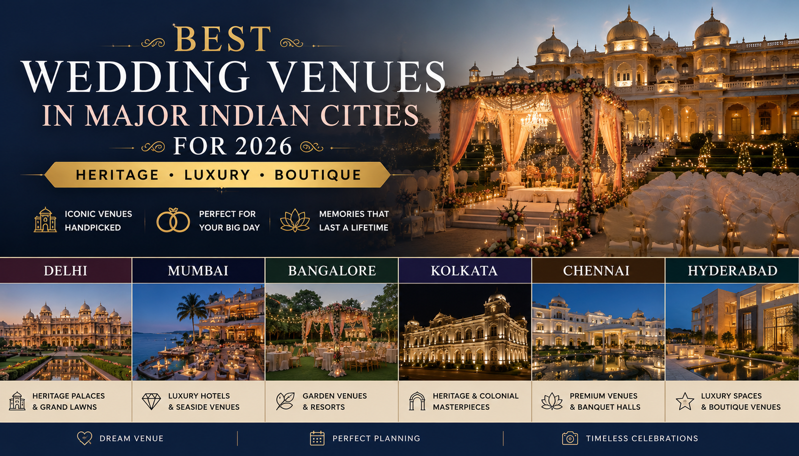 Luxury wedding venues in Delhi, Mumbai, Bangalore, Kolkata, Chennai, and Hyderabad for Indian weddings in 2026.
